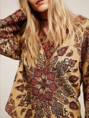 Rare Free People New Romantics Paisley Pullover Sweater in Mustard and Burgundy